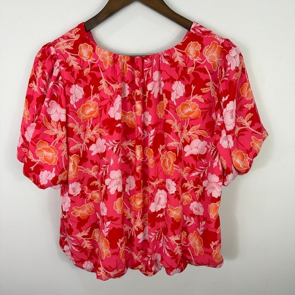 Pleione Blouse‎ Women L Pink Floral V-Neck Puff Sleeve Boho Coquette Romantic - Picture 6 of 6